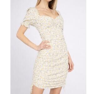 Bardot Floral Ruched Mini Dress Butter Yellow Cottagecore Soft Girl Womens XS